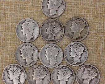 VINTAGE 1935 1938 1939 Mercury Dime Lot 11 Silver Coins D S Mints Depression Era