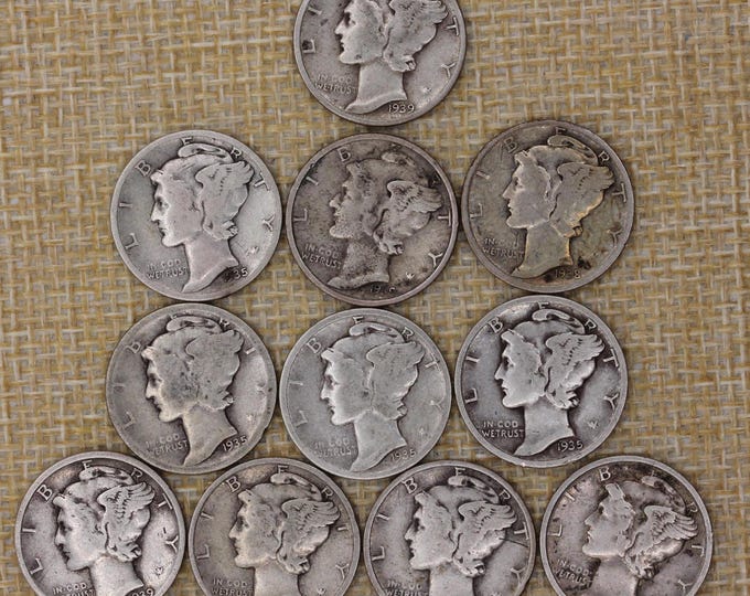 VINTAGE 1935 1938 1939 Mercury Dime Lot 11 Silver Coins D S Mints Depression Era