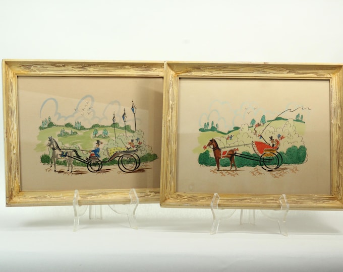 Vintage Stan David Carriage Prints – Framed Mid Century Equestrian Wall Art Pair – Gesso Frames – 1950s 1960s Decor – Made in USA