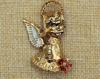 VINTAGE Gerry's Christmas Angel Brooch • Gold Tone Holiday Angel Pin • Poinsettia Rhinestone Brooch