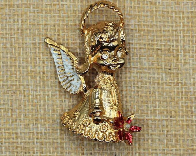 VINTAGE Gerry's Christmas Angel Brooch • Gold Tone Holiday Angel Pin • Poinsettia Rhinestone Brooch