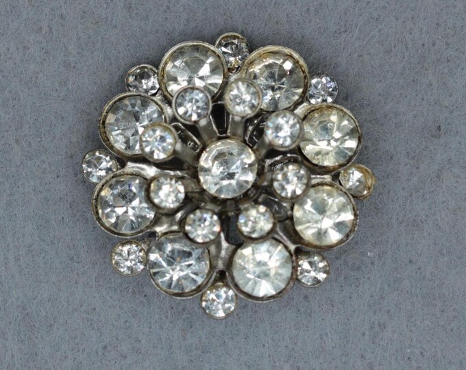 VINTAGE Rhinestone Starburst Brooch • Silver Tone Atomic Burst Pin • Mid Century Costume Jewelry • 1-1/8"
