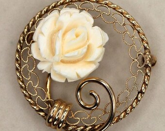VINTAGE Carl-Art 12K Gold Filled Carved Rose Circle Brooch