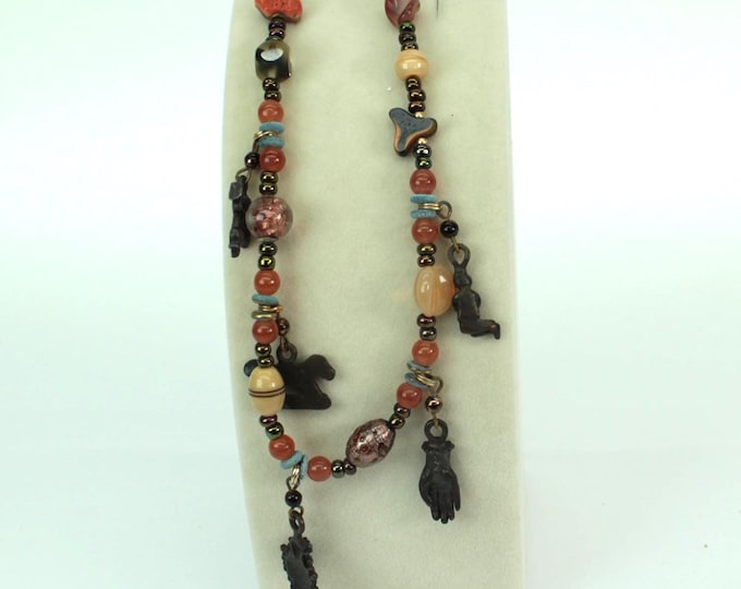 Vintage Eclectic Mixed Bead Charm Necklace • Boho Artisan Style • Earth Tone Beaded Necklace • Vintage Fashion Jewelry