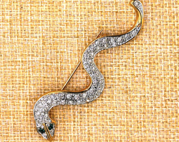 VINTAGE Rhinestone Snake Brooch - Green Rhinestone Eyes