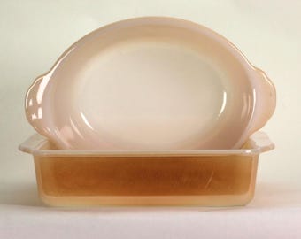 VINTAGE Fire-King Peach Lustre Bakeware.  8" Oval Bowl or Square Casserole. Your Choice 28.00 Each. Mid-Century Ovenware.