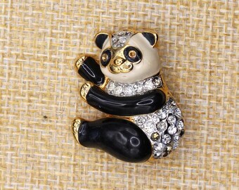 VINTAGE Panda Bear Brooch Rhinestone Black White Enamel Gold Tone Animal Pin
