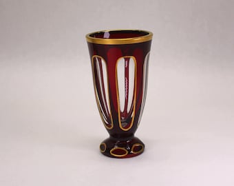 VINTAGE Ruby Cased Crystal Vase with Gold Accents