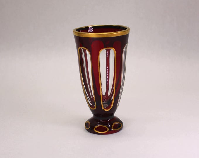 VINTAGE Ruby-To-Clear Bohemian Glass Posey Vase with Gold Trim — Mid-Century Czech