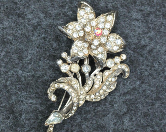 Vintage Rhinestone Floral Spray Brooch • Silver Tone Flower Pin with Aurora Borealis Center • Bridal Bouquet Jewelry