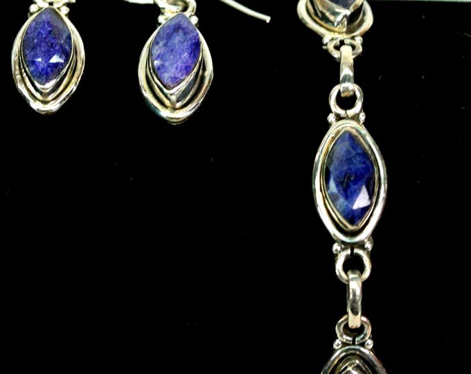 VINTAGE .925 Sterling Silver Lapis Lazuli Bracelet & Matching Earrings Set • Faceted Marquise Stones • Adjustable 8" Bracelet