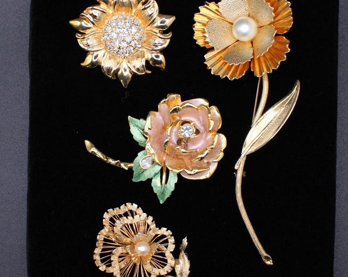 VINTAGEv Floral Brooch Collection – Gold Tone, Rhinestone & Faux Pearl Accents (Each Sold Separately)