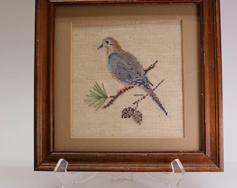 VINTAGE Counted-Cross-Stitch Fiber Art- Dove on Pine Branch