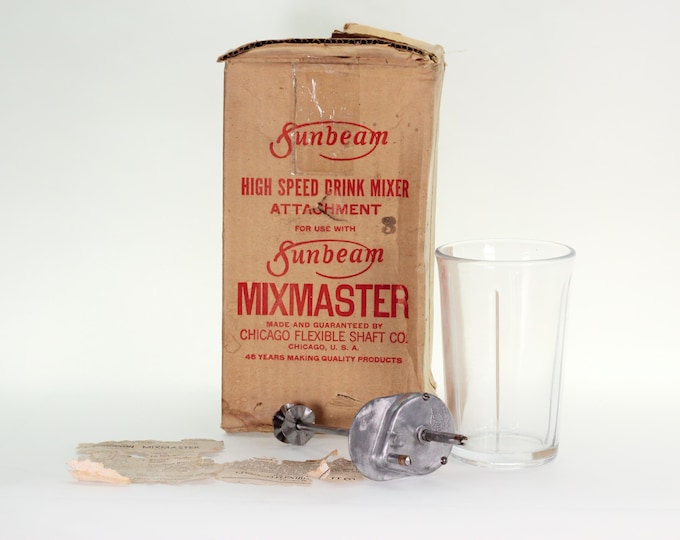 ANTIQUE Sunbeam Mixmaster Drink Mixer Attachment. Boxed Set. Chicago Flexible Shaft Co. Branding.