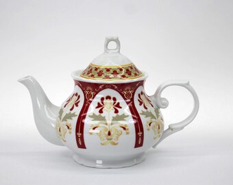 VINTAGE Burgundy Floral Teapot Gold Scrollwork Green Leaves White Ceramic Ornate Lid Cottage Tea Table
