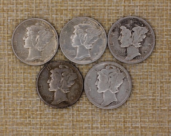 VINTAGE WWII Mercury Dimes Lot of 5 – 1942-D 1944-D 1944-S 1945-S – 90% Silver US Coins