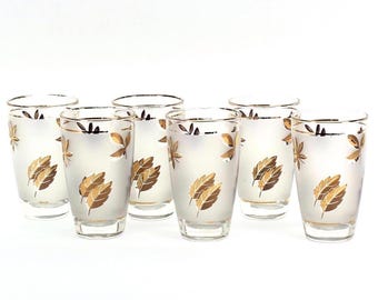 VINTAGE Libbey Golden Foliage Highball Glasses Set of 6 + Bonus 7th Gold Rim Frosted 12 oz Barware Made in USA