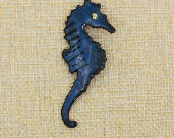 VINTAGE Blue Enamel Seahorse Brooch • Copper Metal Figural Pin • Coastal Beach Nautical Jewelry