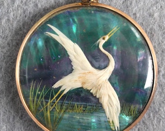 VINTAGE Handcrafted Butterfly Wing Art Pendant - Double-Sided Peacock & Egret Miniature - Signed