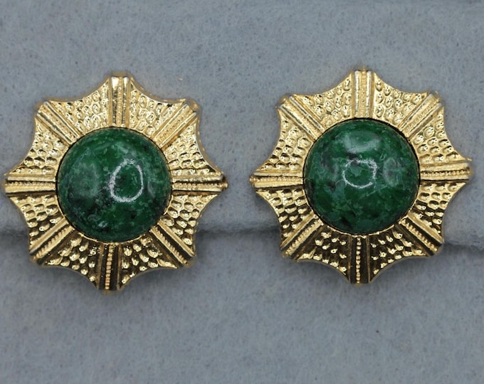Vintage Gold Tone Faux Malachite Clip-On Earrings, Art Deco Revival, 1980s