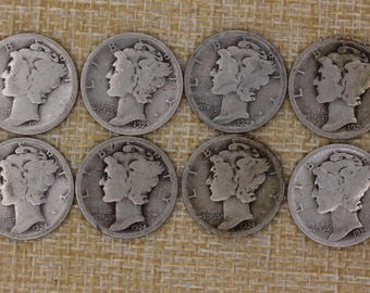 VINTAGE Mercury Dime Lot 1920-D 1920 1923 1924 Eight 90% Silver US Coins