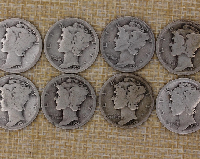 VINTAGE Mercury Dime Lot 1920-D 1920 1923 1924 Eight 90% Silver US Coins