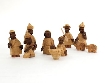 VINTAGE Hand-Carved Wooden Nativity Set. 10 Piece Miniature African Nativity Scene.  Rustic Folk Art.