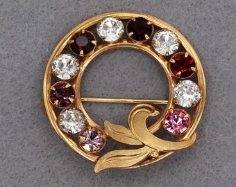 VINTAGE Van Dell 12K Gold Filled Rhinestone Circle Wreath Brooch