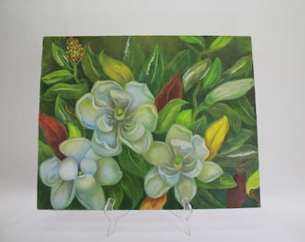 VINTAGE Folk Art Floral Painting by E. Caldwell. Louisiana Artist. Acrylic on Canvas 16x19. Cottage Core Home Décor.