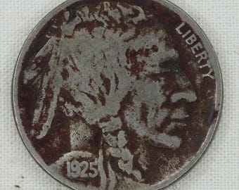 VINTAGE 1925 Buffalo Nickel • Genuine United States Five Cent Coin • Indian Head Nickel