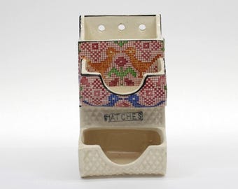 VINTAGE Japanese Ceramic Wall Match Holder and Striker Birds Sampler Pattern Double Pocket 1920s 1930s