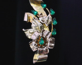 VINTAGE Gold-filled over Sterling Brooch with Green Rhinestones