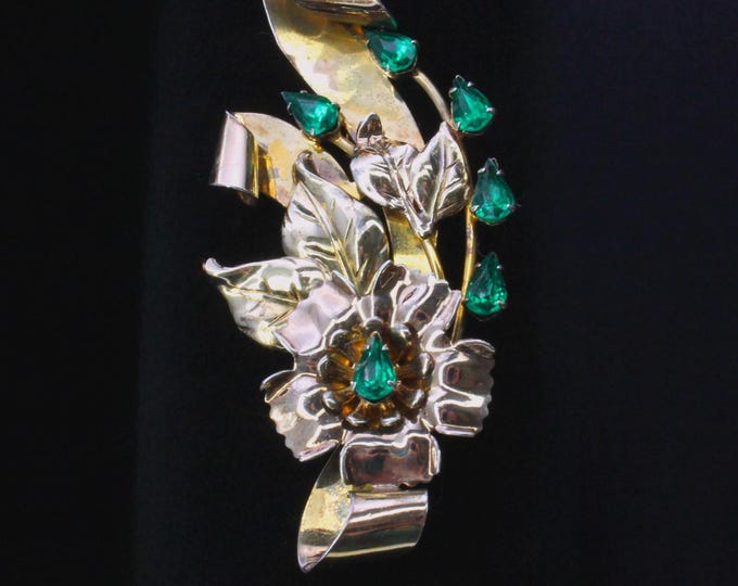 VINTAGE Gold-filled over Sterling Brooch with Green Rhinestones