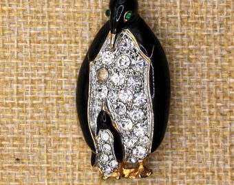 VINTAGE Mother and Baby Penguin Brooch Rhinestone Black Enamel Gold Tone Pin