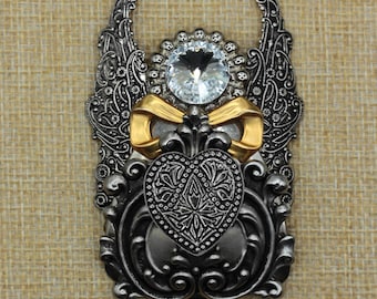 VINTAGE Jane Davis Angel of Love Brooch • Signed 1996 AOL Pin • Gothic Heart Rhinestone Brooch • Artist Jewelry