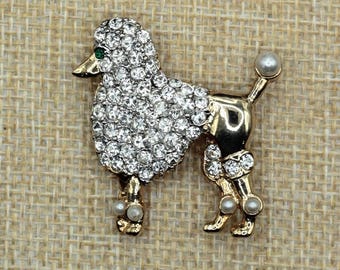 VINTAGE Rhinestone Poodle Brooch • Gold Tone Figural Dog Pin • Faux Pearl Accents • Elegant Costume Jewelry