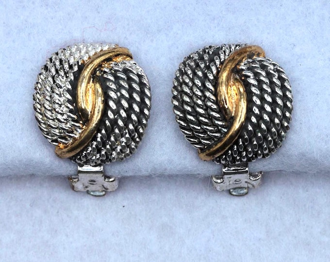 Vintage Two-Tone Knot Clip-On Earrings, Gold and Silver Rope Earrings, Nautical Knot Earrings, Textured Vintage Costume Jewelry