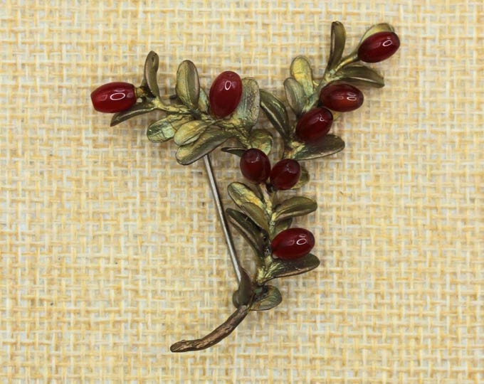 Vintage Michael Michaud Bronze Berry Branch Brooch • Red Glass Berries • Botanical Nature Pin