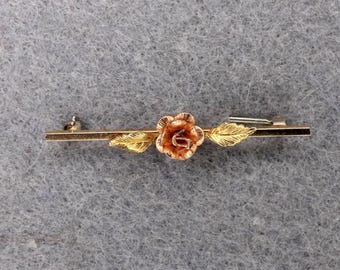 VINTAGE Krementz Rose Bar Brooch Signed Designer Floral Pin Rose and Yellow Gold Tone