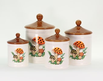 Vintage 1982 Sears Merry Mushroom Canister Set: Retro Kitchen Storage