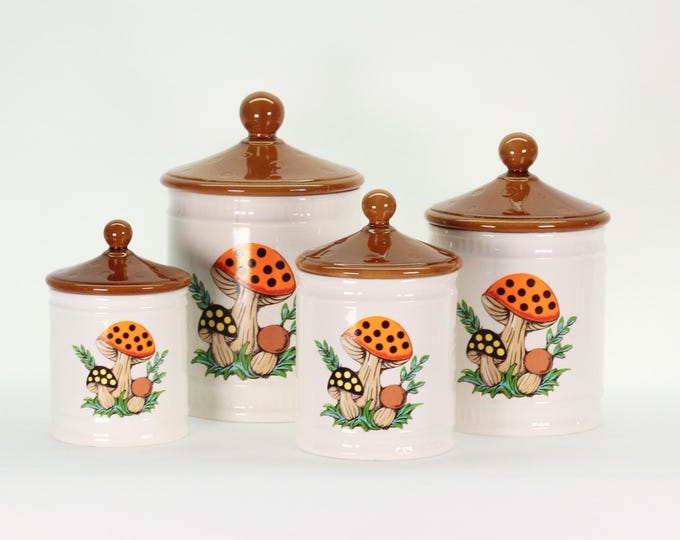 Vintage 1982 Sears Merry Mushroom Canister Set: Retro Kitchen Storage