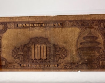 VINTAGE 1928 Chinese Banknote Display. Bank of China 100 Yuan. Portrait & Round Pagoda. Shanghai Collection. WWII Souvenir