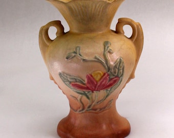 VINTAGE Hull Pottery Magnolia Vase W-4-6-1/2. Scallop Top. Yellow & Pink Floral. Made in USA.