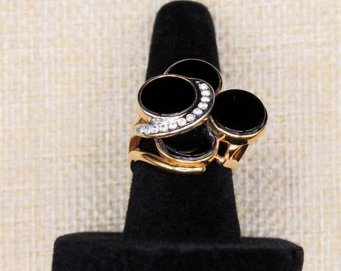 VINTAGE “Midnight Orbit” Four-Stone Statement Ring in Gold Tone with Rhinestones