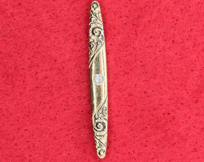 VINTAGE Avon Goldtone Bar Brooch Pin. Engraved Scrollwork with Clear Rhinestone. Scarf Sweater Collar Pin
