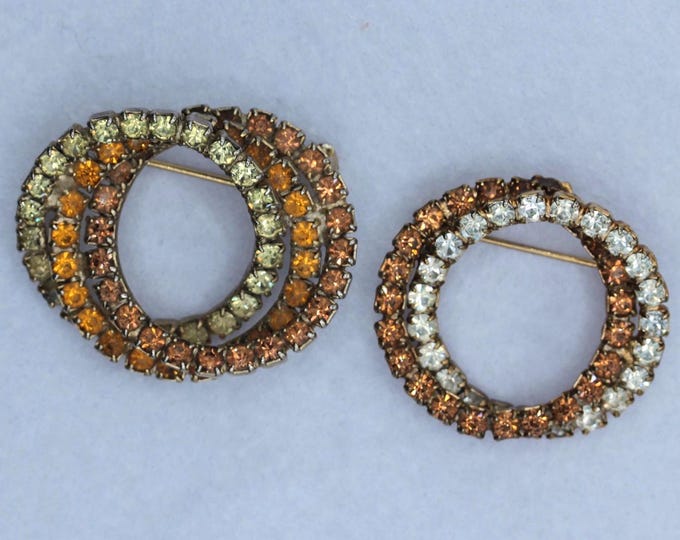 Vintage Interlocking Rhinestone Circle Brooch • Your Choice • Triple Ring or Double Ring • Mid Century Gold Tone Pin