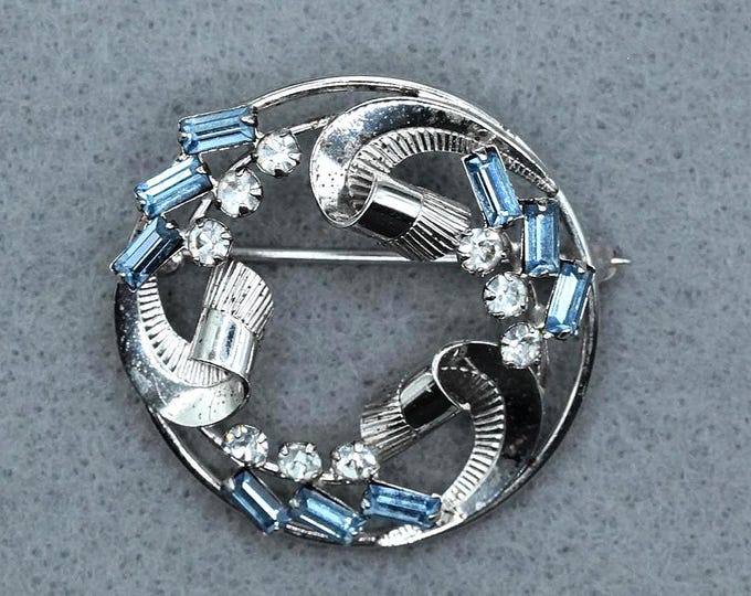 VINTAGE Sterling Silver Blue Baguette Rhinestone Circle Brooch Pin Mid Century