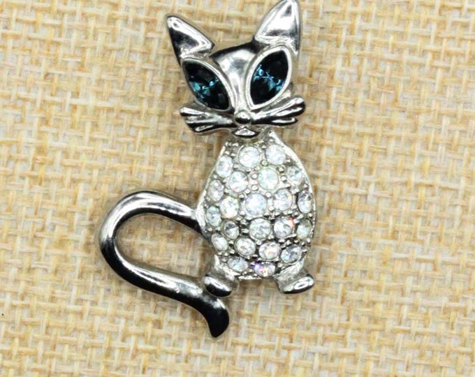 VINTAGE Silver Tone Rhinestone Cat Brooch • Blue Crystal Eyes • Whimsical Kitty Pin • Mid Century Style