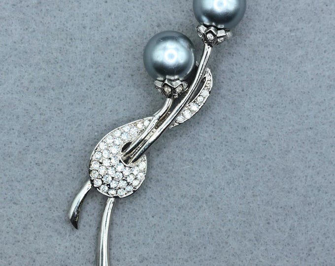 VINTAGE Silver Tone Gray Faux Pearl Rhinestone Spray Brooch Pin Elegant Modernist