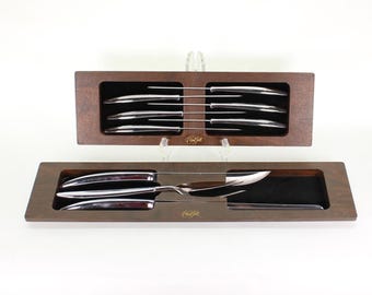 VINTAGE Carvel Hall Stainless Cutlery Sets. Steak Knives or Carving Set. Retro Chrome Handles. Sharp Blades. Your Choice.